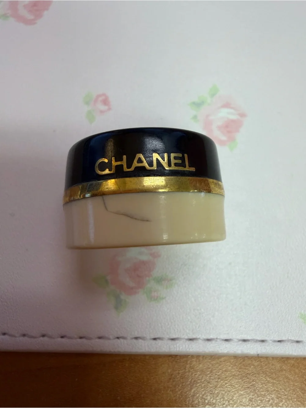CHANEL Black, Gold and Cream Ring Top Accent